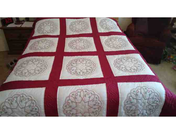Quilt: Double bed, hand made quilt, with added cross stitches and fine stitching