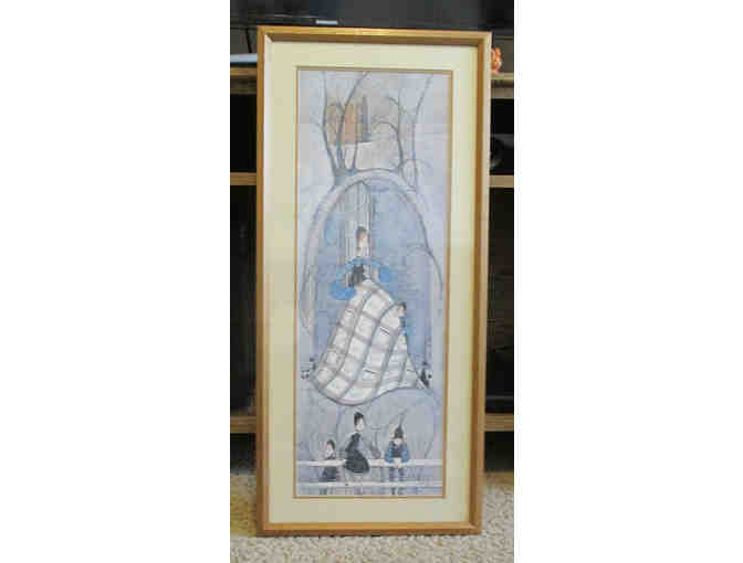 P.Buckley Moss, framed Amish art print plus three 'Moss-like' dolls