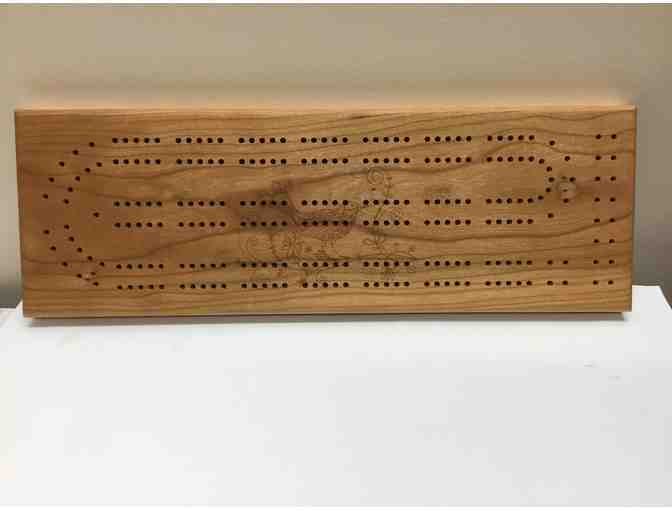 Handcrafted Cribbage board including pegs and a deck of cards