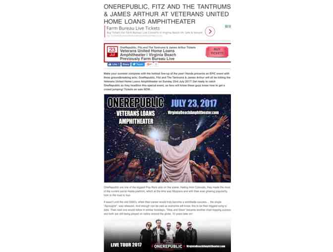 VIP Virginia Beach Amphitheatre Summer Concert Experience for Two (2)