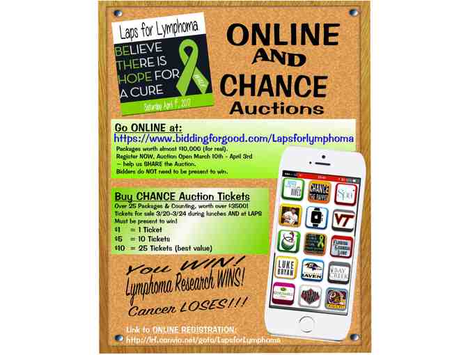 Chance Auction (Raffle) Ticket Sheets of 25 for $10 - at Laps for Lymphoma on 4/1.