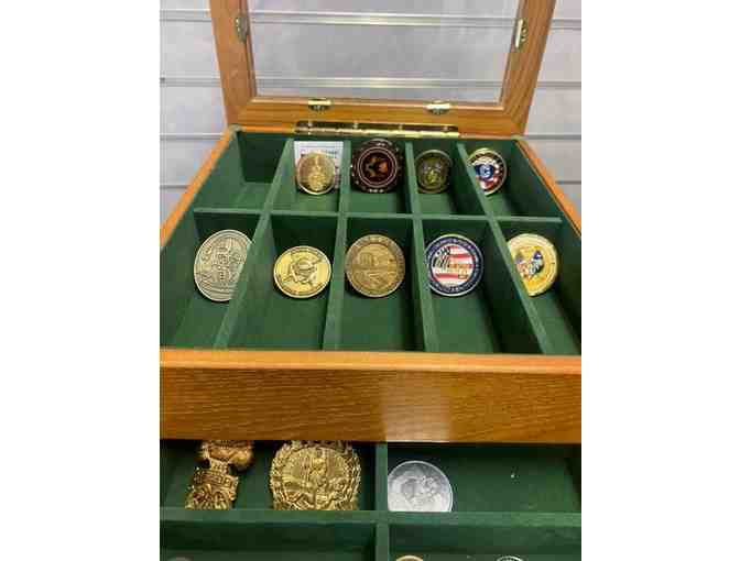 Wooden Display Box Filled with Challenge Coins and Citadel Items