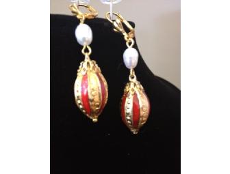 Red & Gold Cloisonne & Freshwater Pearl Earrings