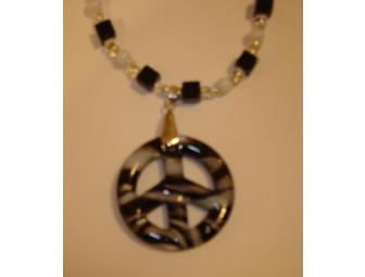 Black/White Beaded Necklace with Glass Peace Sign Pendant