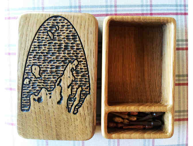 Carved Wooden Leelanau Cribbage Board with Card and Peg Box
