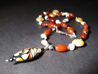 Pearl, Red Glass, and Silver Necklace