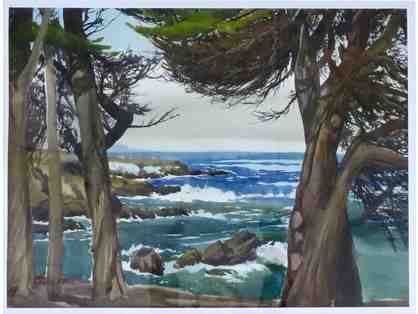 Cypress Point (watercolor, framed, 36"W x 30"H), Juan Peña