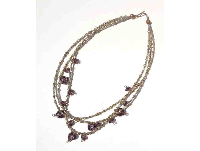 Hand-Crafted Gold & Plum Beads Necklace -- New