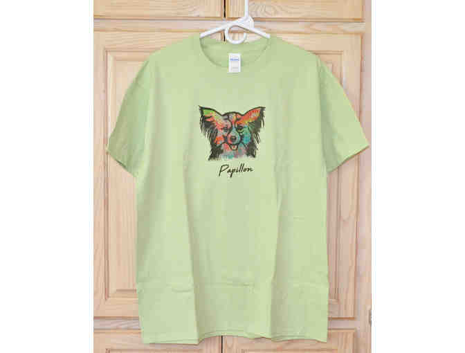 Vibrant Abstract Papillon Design on Pistachio Green T-Shirt, Size Large  -- New