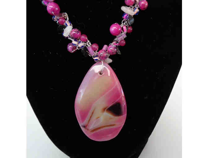 Hand-Crafted Bead & Stone, Raspberry Pink Necklace -- New
