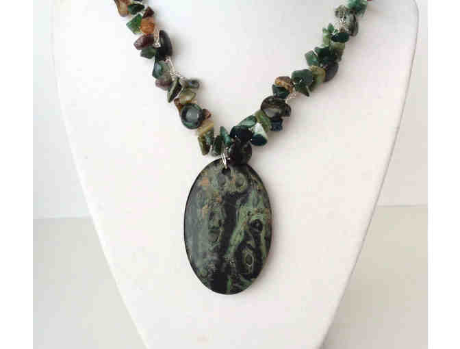 Hand-Crafted Bead & Stone, Deep Green & Black Necklace -- New