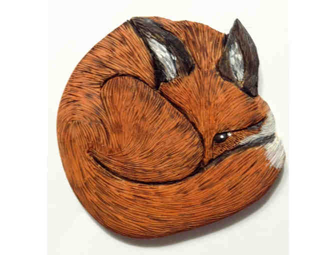 Hand Carved Sleeping Fox Ornament -- New