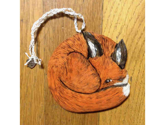 Hand Carved Sleeping Fox Ornament -- New