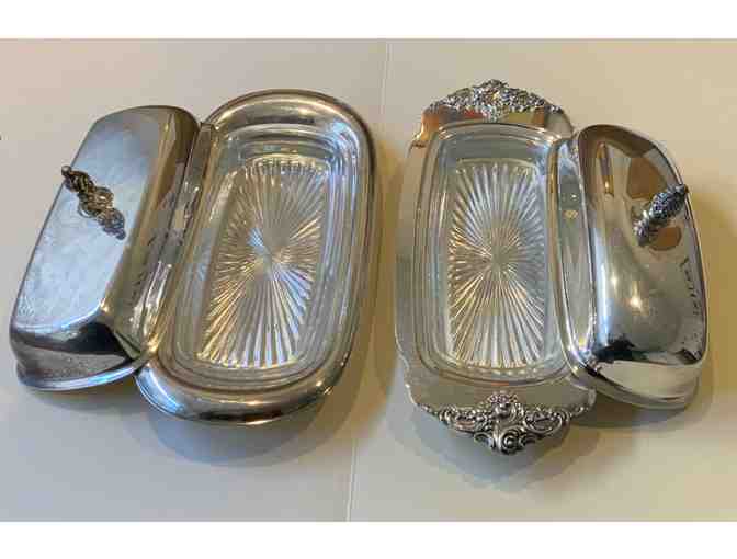 2 Silver Plate Covered Butter Dishes (Wallace Grand Baroque and Rogers)