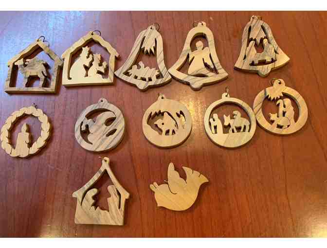 Zuluf Hand Carved Olive Wood Christmas Ornaments from Bethlehem (12 piece)
