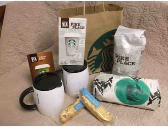 Breakfast Gift Basket: Starbucks coffee, Two Vias, Two Mugs, Two Vanilla Biscotti