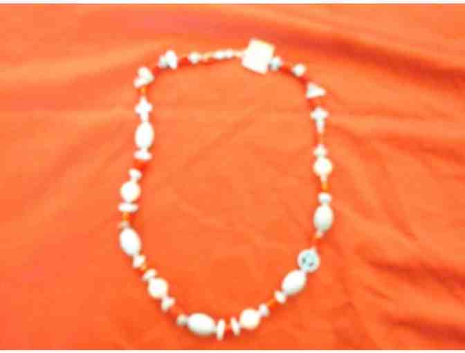 Turquoise, Coral and Pearl Bead 24' Necklace with Peace Symbol
