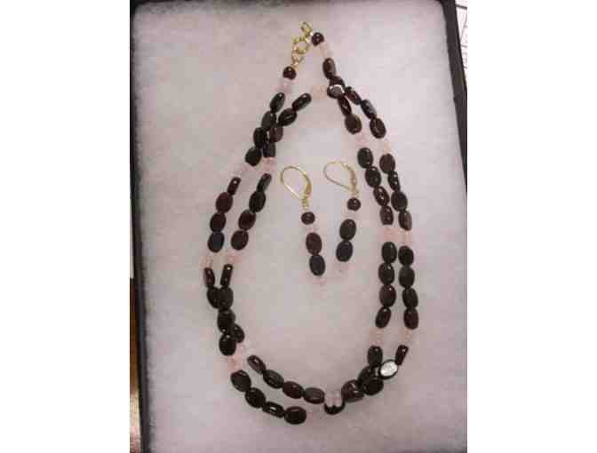 Natural Garnet and Rose Quartz 24' Necklace and Earring Set