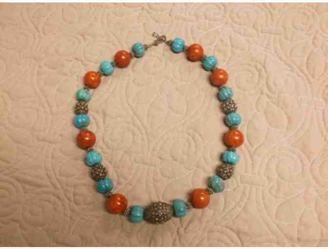 Silver, Turquoise and Coral 22' Necklace