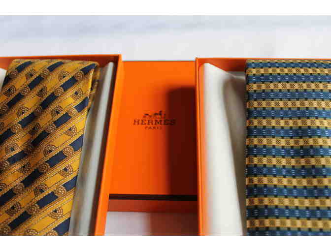 Pair of Hermes Silk Ties - Blue and Gold Collection