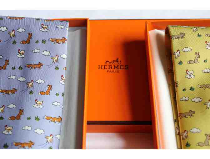 Pair of Hermes Silk Ties - Fox and Hen Collection