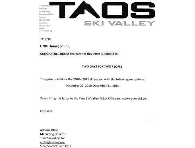 ! 2 Days of Skiing at Taos for 2 Adults !