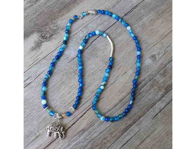 Blue Agate Stretch Wraparound Bracelet or Necklace with Elephant Charm