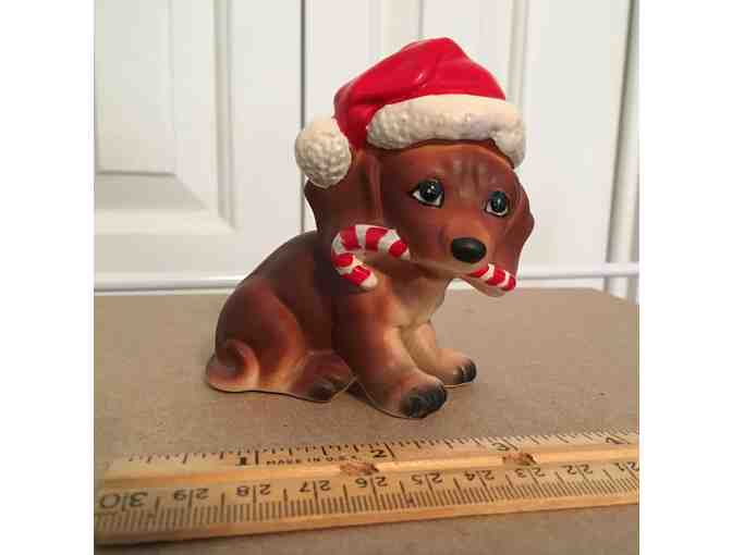 VINTAGE Josef Originals Dachshund Dog Figurine Wearing Santa Hat Holding Candy Cane