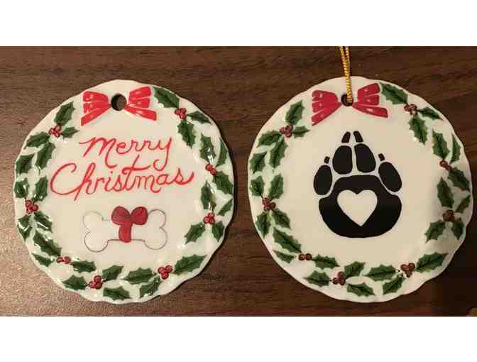 Christmas Ornaments - TWO Holly Wreath Porcelain Dachshund Ornaments