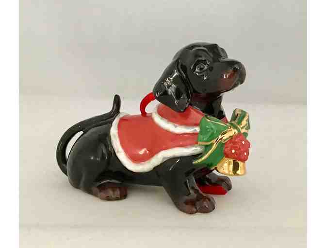 Christmas Ornament - Porcelain Dachshund with red coat, bow and bell