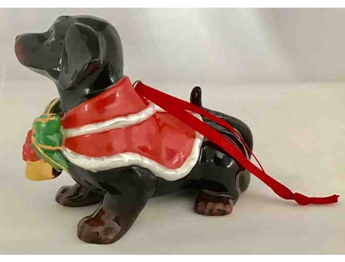Christmas Ornament - Porcelain Dachshund with red coat, bow and bell