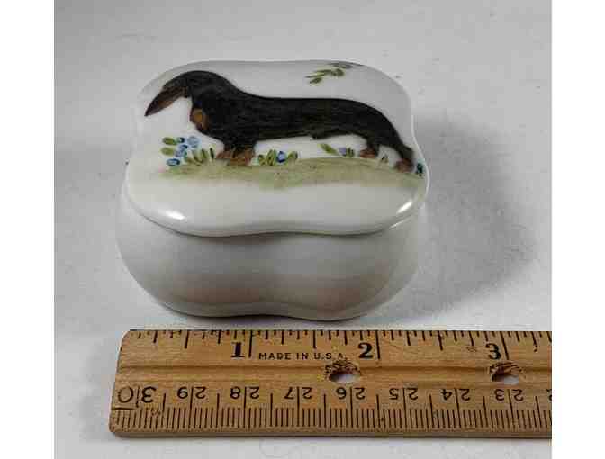 Porcelain Covered Box with Black and Tan painted dachshund - Vintage! - Made in Japan!