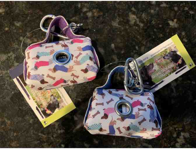 TWO Poop Bag Purses! - Dachshund Pattern w/Charm: one blue and one purple interior