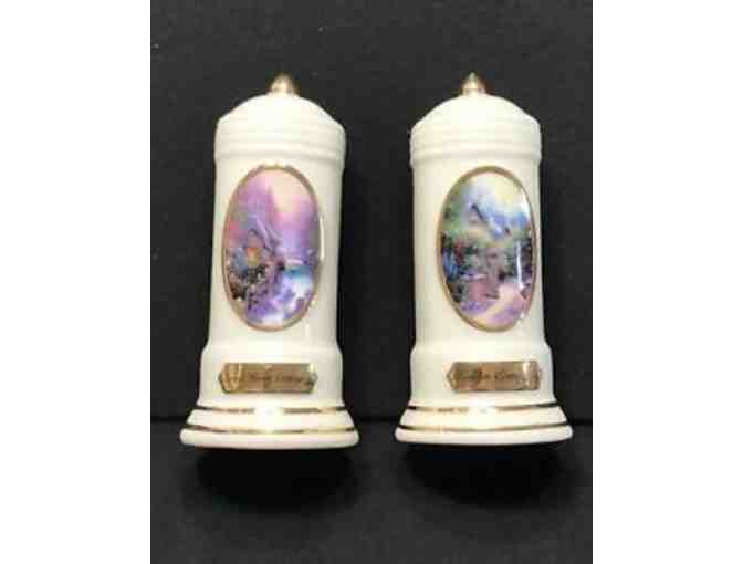 Thomas Kinkade salt and pepper shakers with holder