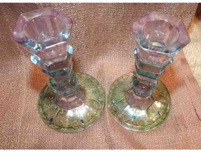 PartyLite Mardi Gras Iridescent Glass Candle Stick Holders Set Of 2 Jeweled Vtg.