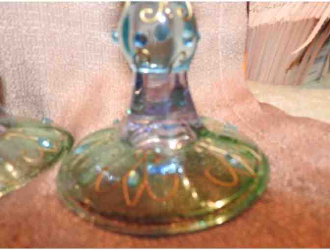 PartyLite Mardi Gras Iridescent Glass Candle Stick Holders Set Of 2 Jeweled Vtg.