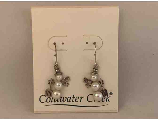 Earrings! Coldwater Creek Sterling Silver Pearl Snowman with Broom Earrings