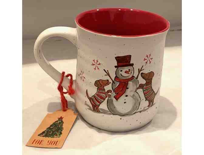 Let it Snow! Sheffield Mug with a snowman and two dachshunds!