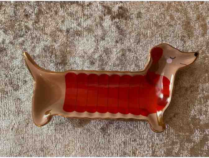 Ring Dish - Dachshund Shaped in Tan, Gold and Red
