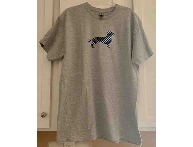 Gray T-shirt with Blue Dachshund - 20' across chest - Size XL - 90% cotton/10% poly