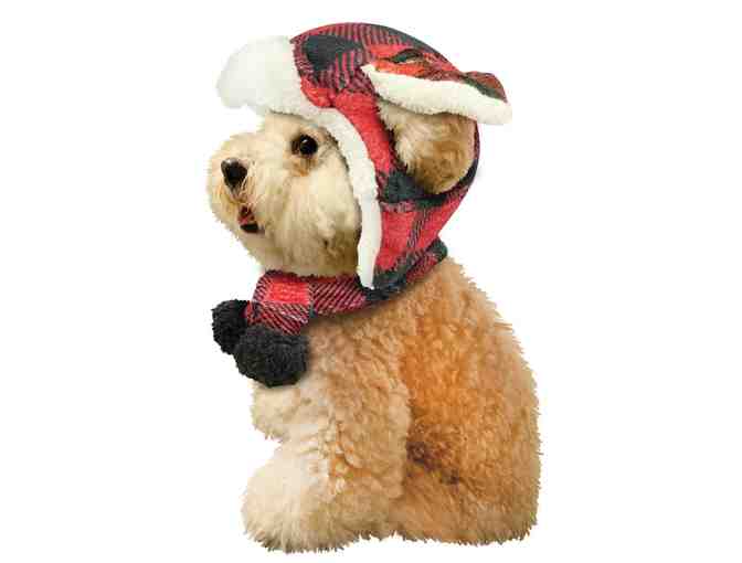 Red and Black Buffalo Plaid Fleece Trapper Hat and Scarf Set for Dogs, Size M/L