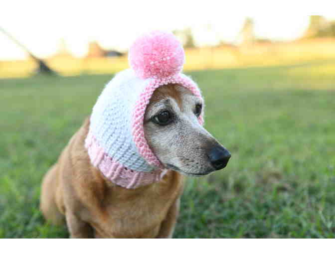 Adorable Hand Knitted 12' Breast Cancer Hope Dog Hat/Snood with Ribbed Neck and Pom Pom!