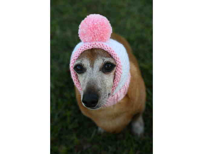 Adorable Hand Knitted 12' Breast Cancer Hope Dog Hat/Snood with Ribbed Neck and Pom Pom!