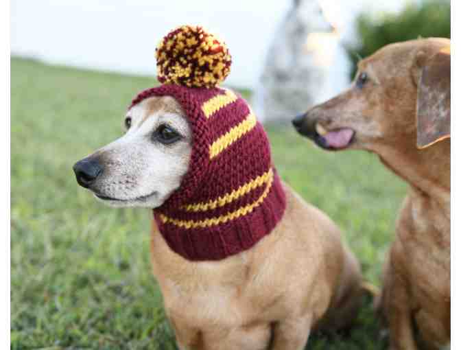 Adorable Hand Knitted 11' Gryffindor Dog Hat/Snood with Ribbed Neck and Pom Pom!