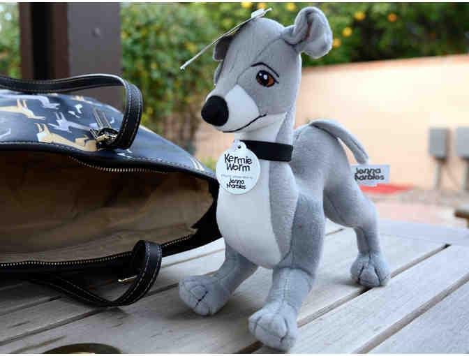 Faux Leather Greyhound Print Tote & Grey Plush Jenna Marbles Kermie Worm