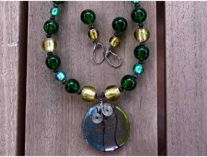Green and Gold Glass Bead Necklace and Earrings