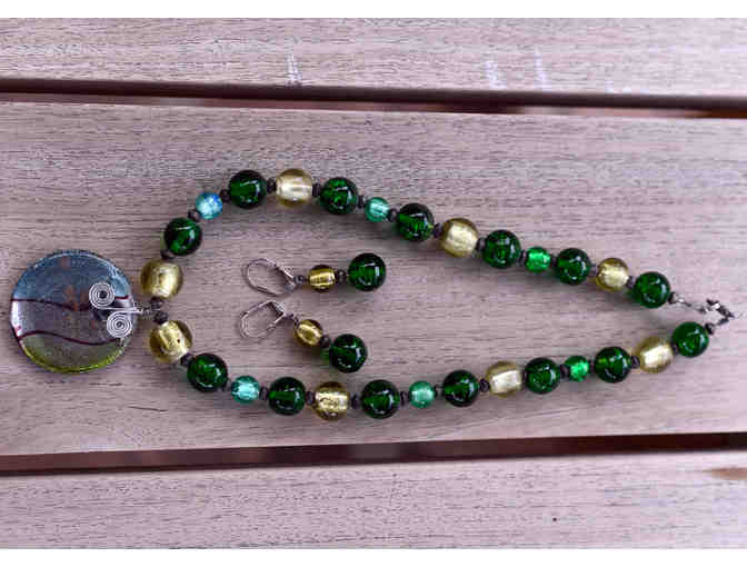 Green and Gold Glass Bead Necklace and Earrings