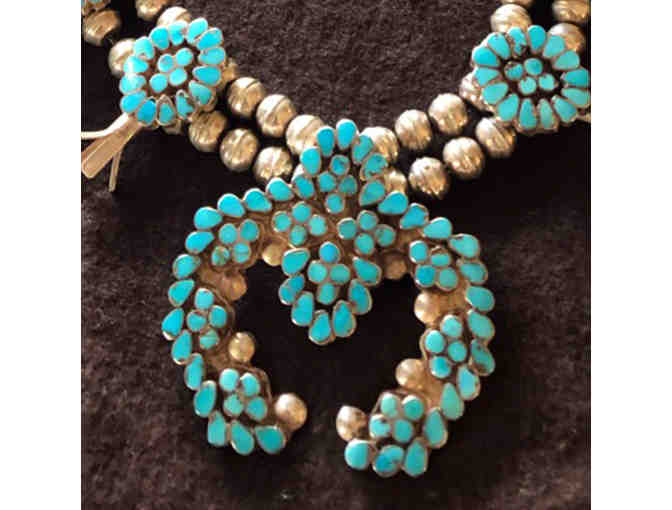 Zuni Sterling Silver and Morenci Turquoise Squash Blossom Necklace by Virgil Dishta