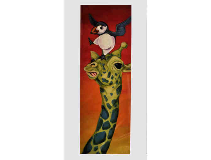 Art Print by Courtney Kelly, Giraffe and Dancing Puffin, 9" x 18", unframed - Photo 1