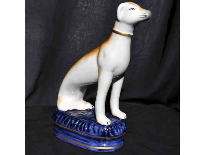 Greyhound/Whippet Seated/Blue Cushion Statue - Staffordshire Ceramic - Opening Bid Reduced
